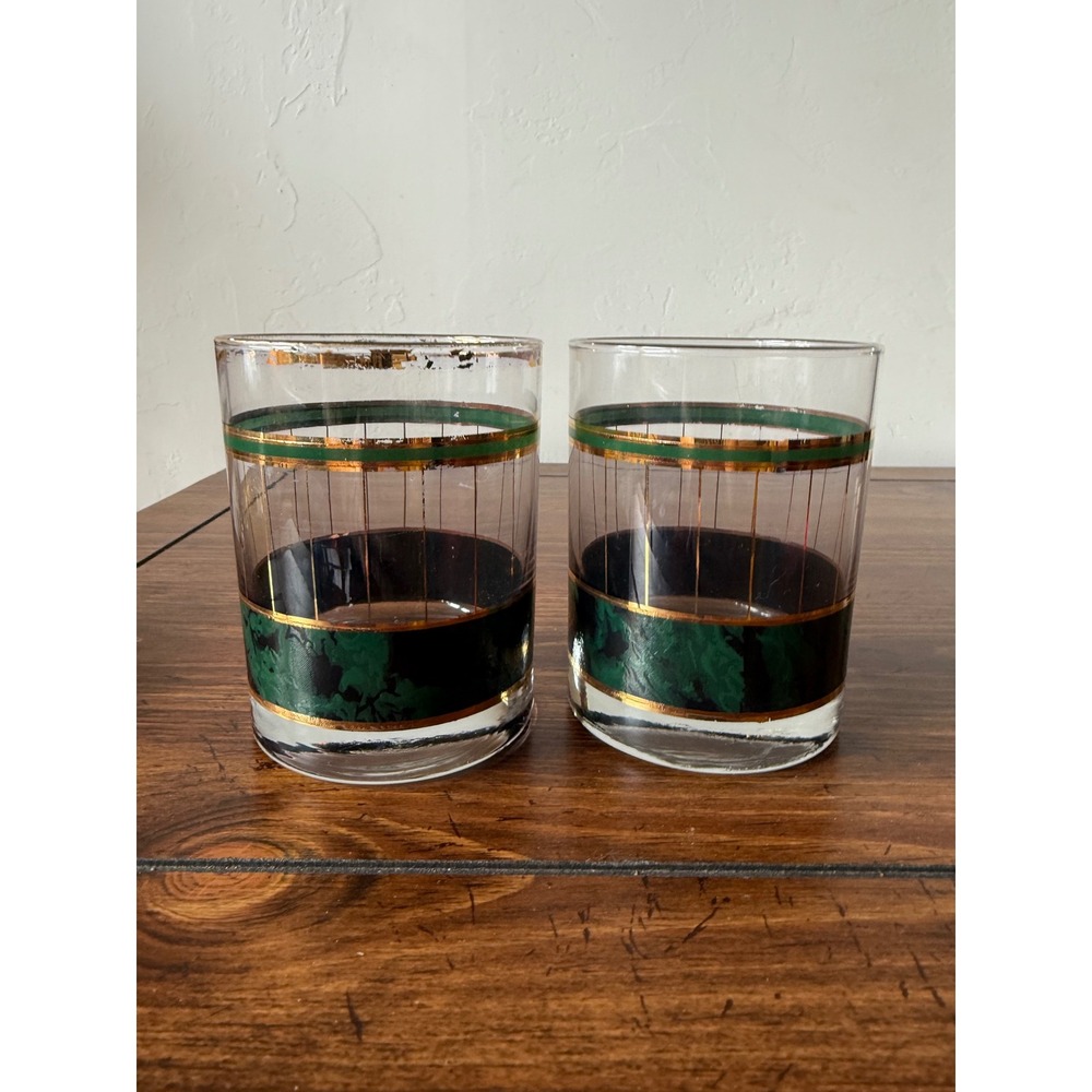 Vintage MCM Green Gold Rocks Glasses Set of 2 Lowball Whiskey Tumblers 4.25in
